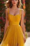 Yellow A Line Ruffled Tulle Prom Dress