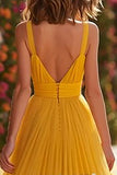 Yellow A Line Ruffled Tulle Prom Dress