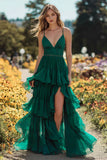 Dark Green Tiered Spaghetti Straps Prom Dress with Ruffles