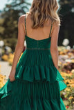 Dark Green Tiered Spaghetti Straps Prom Dress with Ruffles