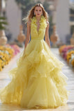 Halter Light Yellow Ruched A Line Prom Dress