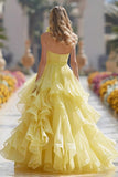 Halter Light Yellow Ruched A Line Prom Dress