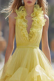 Halter Light Yellow Ruched A Line Prom Dress