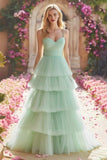 Tiered Spaghetti Straps Mint Green Tulle Prom Dress