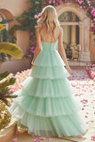 Tiered Spaghetti Straps Mint Green Tulle Prom Dress