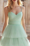 Tiered Spaghetti Straps Mint Green Tulle Prom Dress