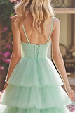 Tiered Spaghetti Straps Mint Green Tulle Prom Dress