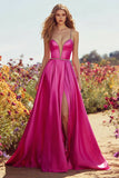 Satin Fuchsia Beaded A Line Prom Dress
