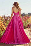 Satin Fuchsia Beaded A Line Prom Dress