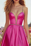 Satin Fuchsia Beaded A Line Prom Dress
