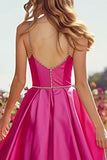 Satin Fuchsia Beaded A Line Prom Dress