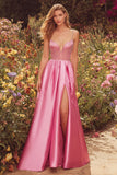 Sparkly Beaded Satin Pink A Line Prom Dress