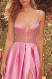 Sparkly Beaded Satin Pink A Line Prom Dress