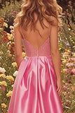 Sparkly Beaded Satin Pink A Line Prom Dress