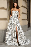 White Black Polka Dot A Line Strapless Prom Dress