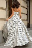White Black Polka Dot A Line Strapless Prom Dress