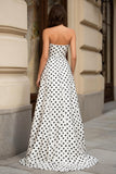 White Black Polka Dot A Line Strapless Prom Dress