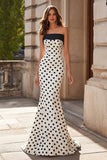 White Black Polka Dot Mermaid Strapless Long Prom Dress