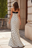 White Black Polka Dot Mermaid Strapless Long Prom Dress