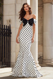 White Black Polka Dot Mermaid Off the Shoulder Bowed Prom Dress