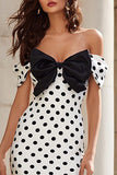 White Black Polka Dot Mermaid Off the Shoulder Bowed Prom Dress