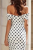 White Black Polka Dot Mermaid Off the Shoulder Bowed Prom Dress