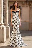 Strapless White Black Polka Dot Mermaid Prom Dress
