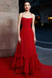 Red A Line Ruched Long Gala Dress with Ruffles