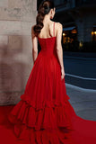 Red A Line Ruched Long Gala Dress with Ruffles