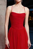 Red A Line Ruched Long Gala Dress with Ruffles