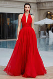 Red Halter Ruched A Line Long Gala Dress
