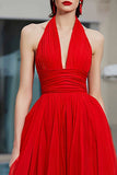 Red Halter Ruched A Line Long Gala Dress