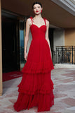 Spaghetti Straps Red A Line Ruffled Long Gala Dress