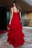 Spaghetti Straps Red A Line Ruffled Long Gala Dress