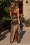 Brown Leopard Spaghetti Straps Long Prom Dress