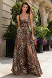 Brown Leopard A Line Square Neck Prom Dress