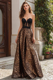 Brown Leopard Strapless A Line Long Prom Dress