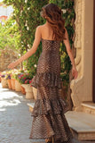 Strapless Brown Leopard Prom Dress with Ruffles