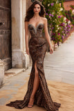 Sparkly Brown Leopard Mermaid Prom Dress with Rhinestones