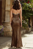 Spaghetti Straps Brown Leopard Beaded Prom Dress
