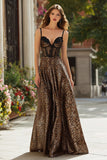Spaghetti Straps A Line Brown Leopard Long Prom Dress