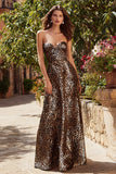 Brown Leopard A Line Strapless Long Prom Dress