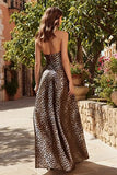 Brown Leopard A Line Strapless Long Prom Dress