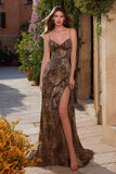 Simple Brown Leopard A Line Prom Dress with Slit