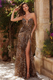 Brown Leopard Strapless Long Prom Dress with Slit