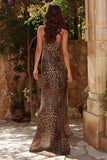 Brown Leopard Strapless Long Prom Dress with Slit