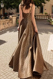 Simple Spaghetti Straps A Line Brown Leopard Prom Dress