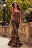 Spaghetti Straps Brown Leopard Cut Out Prom Dress