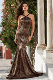 Brown Leopard Halter Mermaid Prom Dress