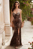 Mermaid Beaded Strapless Brown Leopard Prom Dress